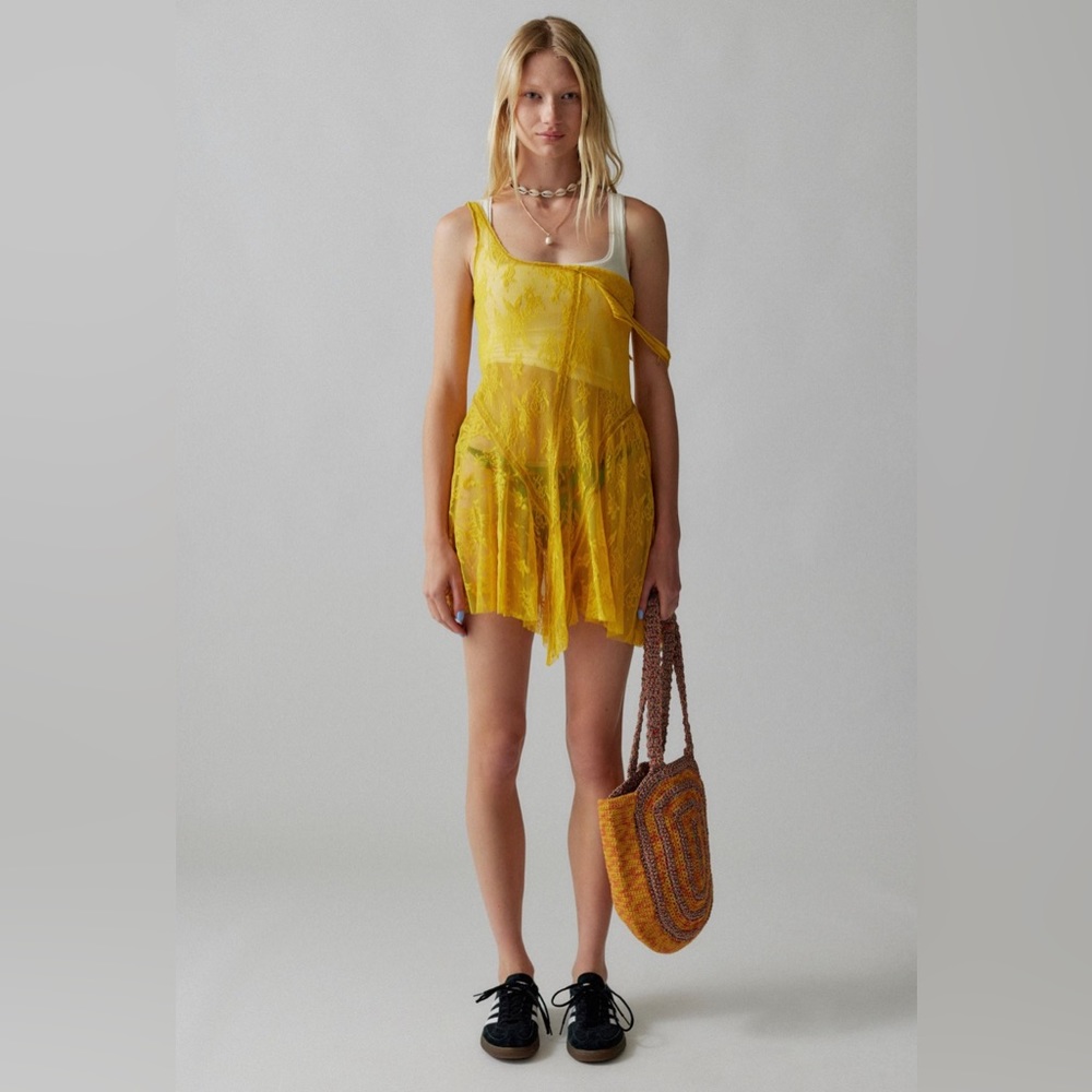 UO Nara Sheer Lace Mini Dress-worn twice, INCLUDES FREE YELLOW PLAYSUIT!